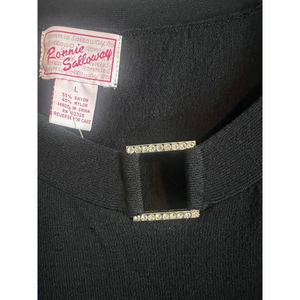 Ronnie Salloway Womens Black Knit Top Rhinestone Buckle Detail 3/4 Sleeve L - Picture 2 of 6